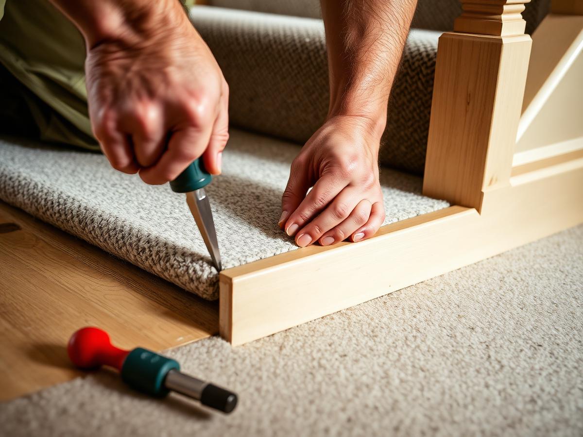 Flooring craftsman carefully finishing carpet at a stair nosing